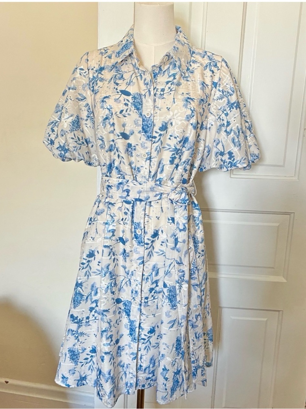 Sam Edelman White and Blue Floral Midi Shirt Dress